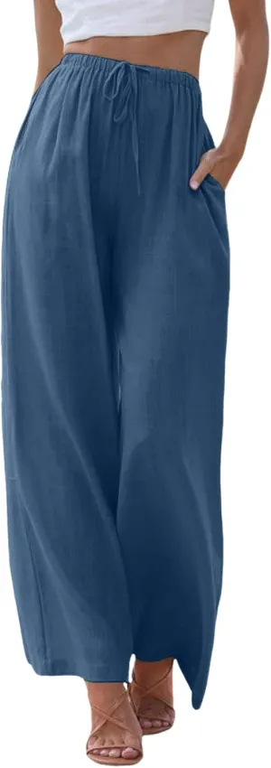Womens Linen Pants Drawstring Elastic Waist Palazzo Pants Flowy Casual Beach Wide Leg Trousers Pockets 2025 Trendy