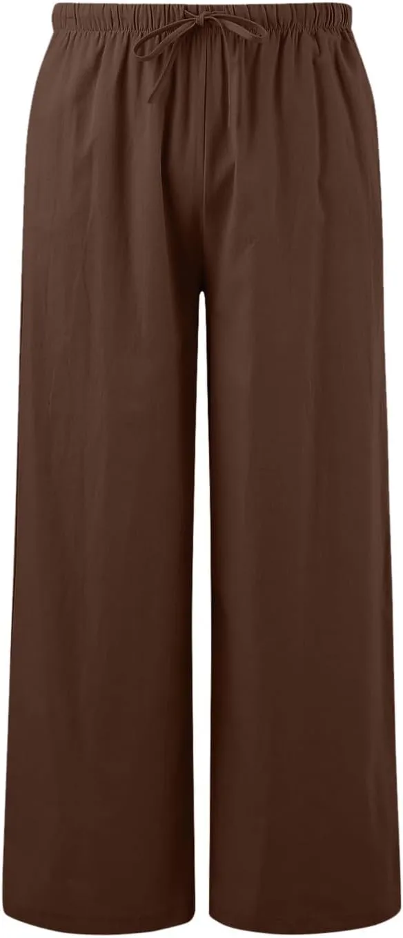 Womens Linen Pants Drawstring Elastic Waist Palazzo Pants Flowy Casual Beach Wide Leg Trousers Pockets 2025 Trendy