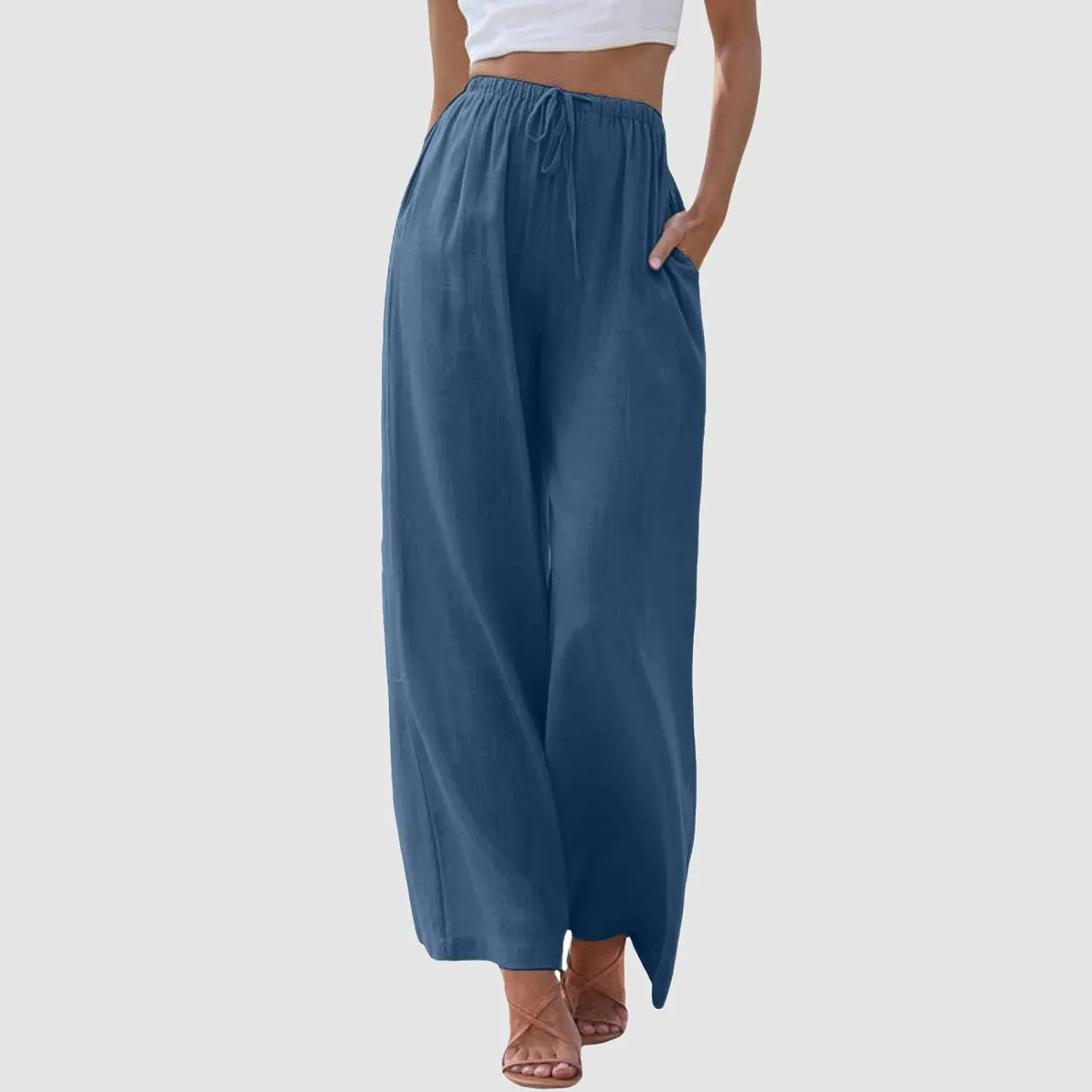Womens Linen Pants Drawstring Elastic Waist Palazzo Pants Flowy Casual Beach Wide Leg Trousers Pockets 2025 Trendy