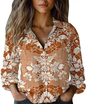 Womens Linen Shirt 2025 Casual Cotton Linen Button Down Short Sleeve Shirts Ethnic Floral Print Summer Tops w/Pocket