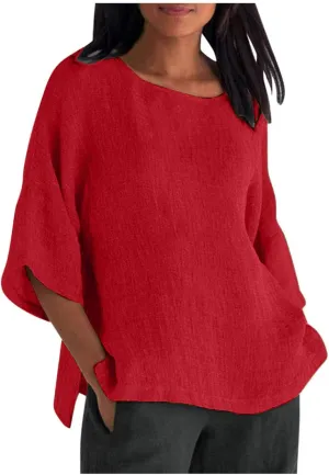 Womens Linen Shirts Crew Neck Short Sleeve Casual Blouses Side Split Summer Tops for Women Beach Tshirts