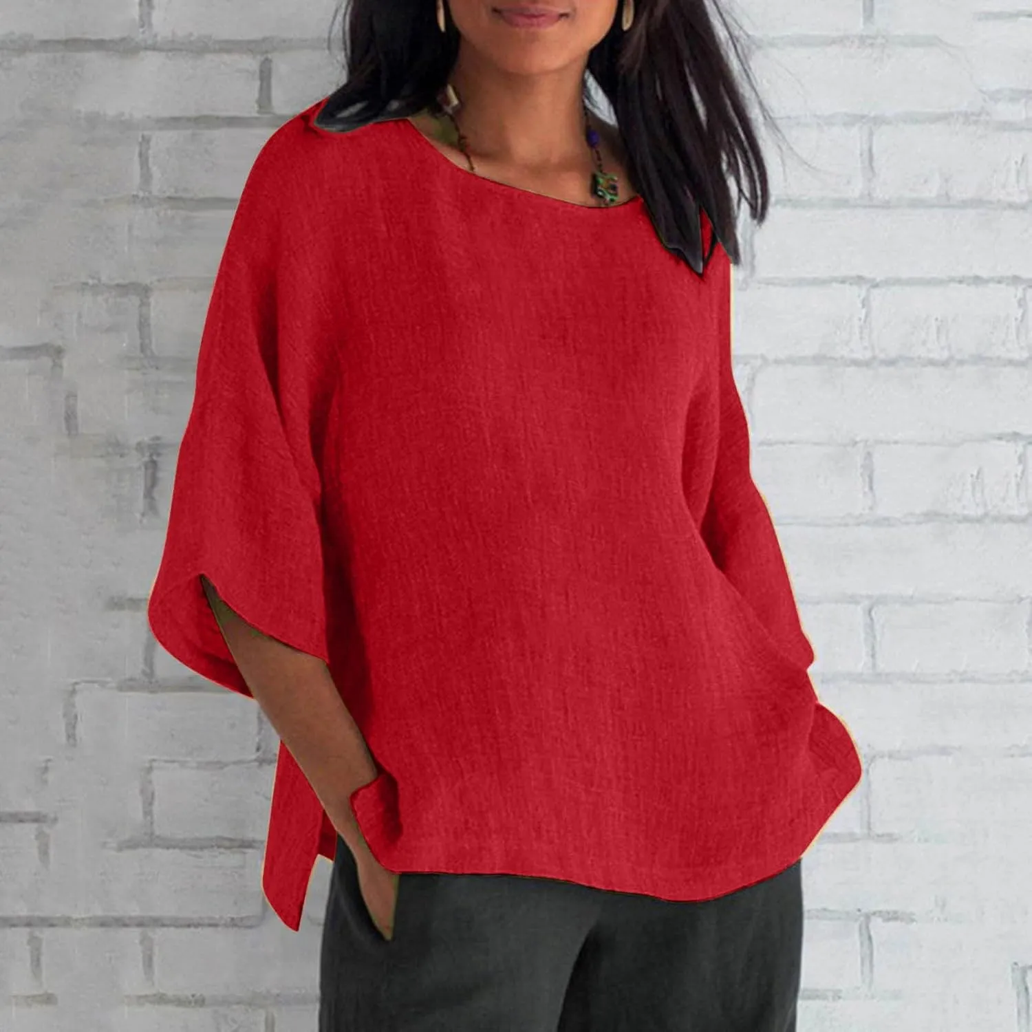 Womens Linen Shirts Crew Neck Short Sleeve Casual Blouses Side Split Summer Tops for Women Beach Tshirts