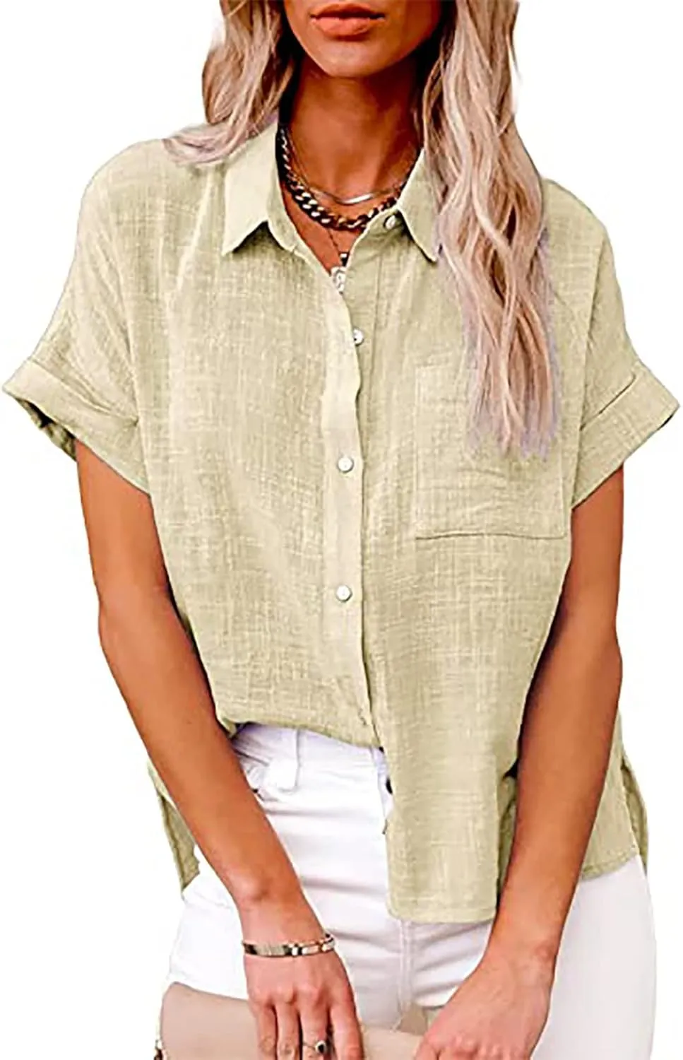 Womens Linen Shirts Summer V Neck Button Down Blouses Casual Short Sleeve Roll up Tops Basic Collared Work Shirts