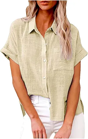 Womens Linen Shirts Summer V Neck Button Down Blouses Casual Short Sleeve Roll up Tops Basic Collared Work Shirts