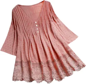 Womens Linen Shirts V Neck Button Blouses Boho Beach Tee Tops Short Sleeve Loose Tunic Tops
