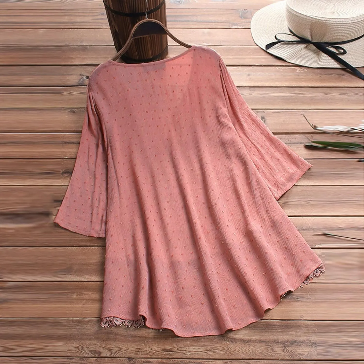 Womens Linen Shirts V Neck Button Blouses Boho Beach Tee Tops Short Sleeve Loose Tunic Tops