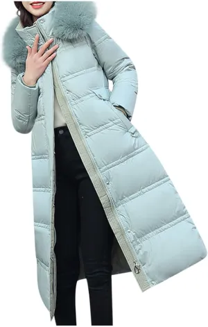 Womens Long down Jacket with Fur Hood Quilted Thickened Maxi down Parka Puffer Coat Winter Warm Windbreaker Outerwear