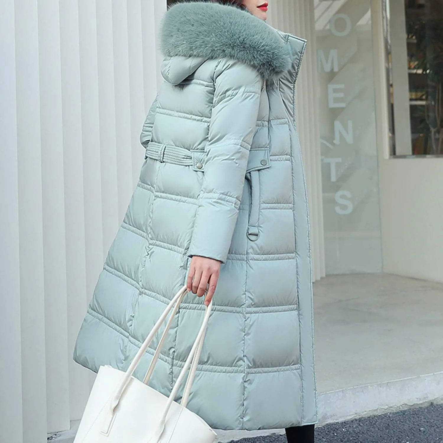 Womens Long down Jacket with Fur Hood Quilted Thickened Maxi down Parka Puffer Coat Winter Warm Windbreaker Outerwear