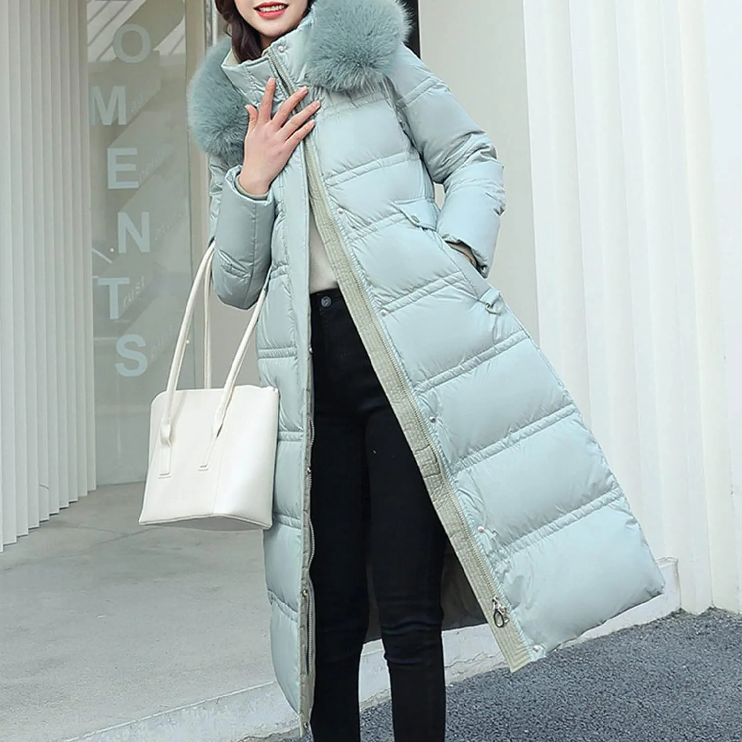 Womens Long down Jacket with Fur Hood Quilted Thickened Maxi down Parka Puffer Coat Winter Warm Windbreaker Outerwear