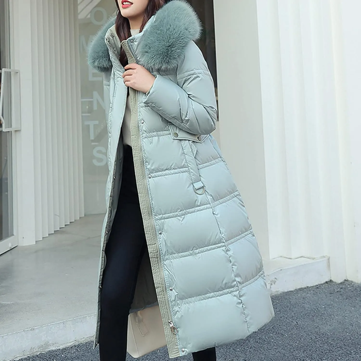 Womens Long down Jacket with Fur Hood Quilted Thickened Maxi down Parka Puffer Coat Winter Warm Windbreaker Outerwear