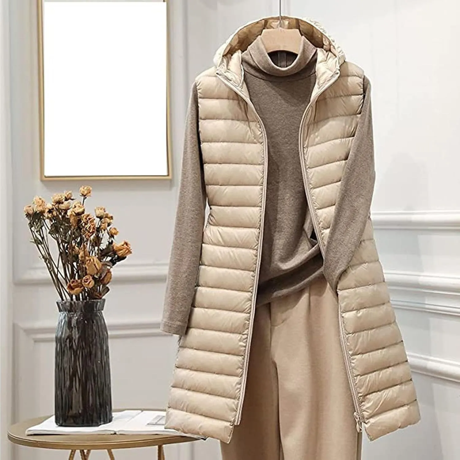 Women's Long Down Vest Sleeveless Hooded Jacket Winter Warm Vest Puffer Quilted Vest Zipper Coats Outdoor Plus Size