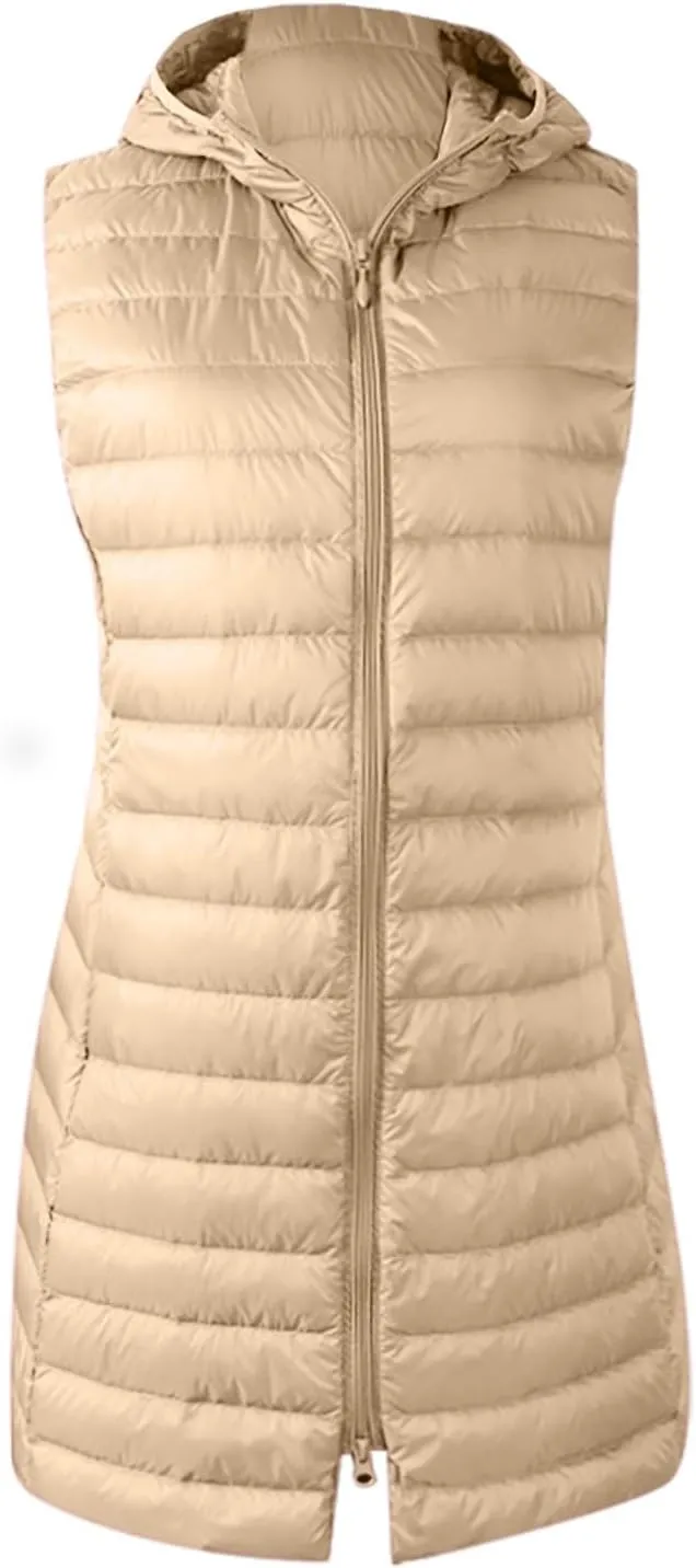 Women's Long Down Vest Sleeveless Hooded Jacket Winter Warm Vest Puffer Quilted Vest Zipper Coats Outdoor Plus Size