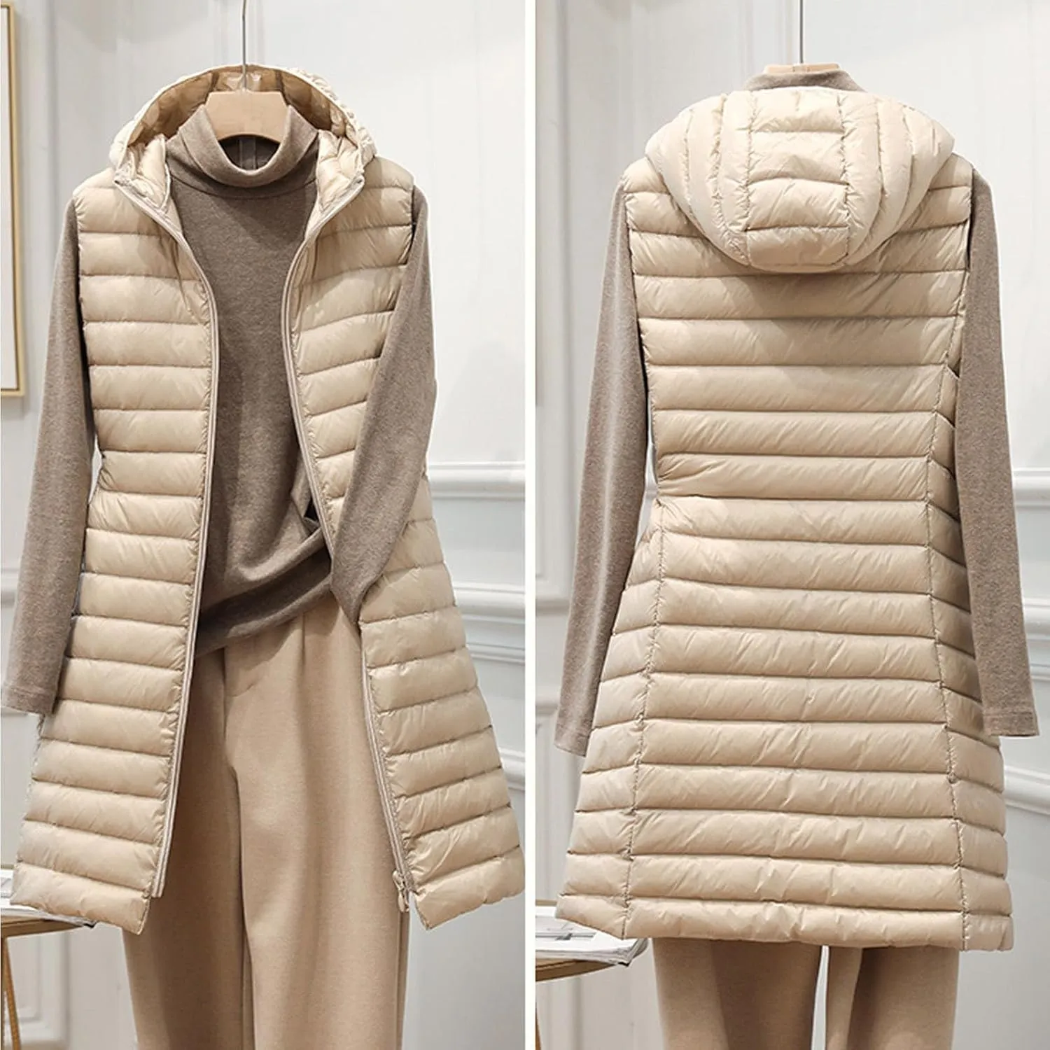 Women's Long Down Vest Sleeveless Hooded Jacket Winter Warm Vest Puffer Quilted Vest Zipper Coats Outdoor Plus Size