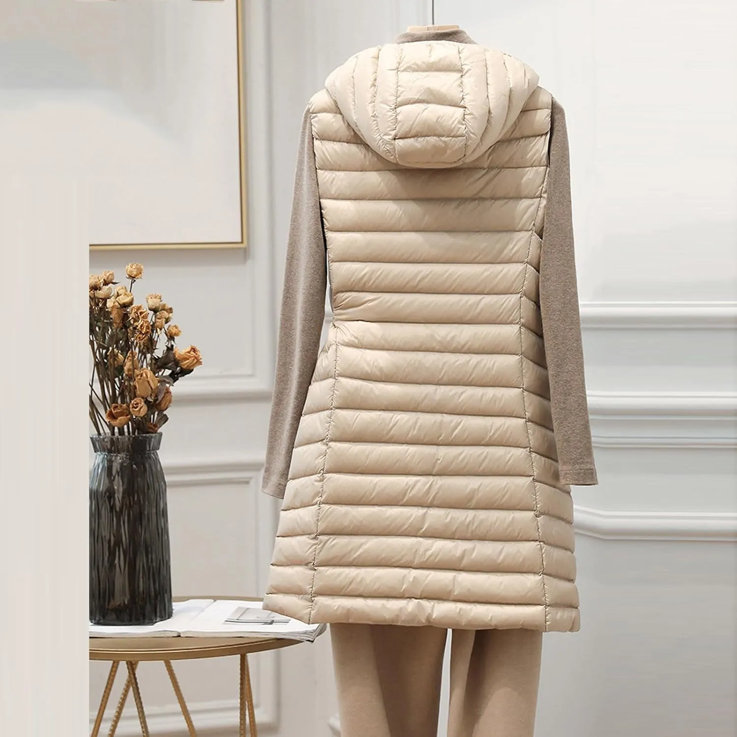 Women's Long Down Vest Sleeveless Hooded Jacket Winter Warm Vest Puffer Quilted Vest Zipper Coats Outdoor Plus Size