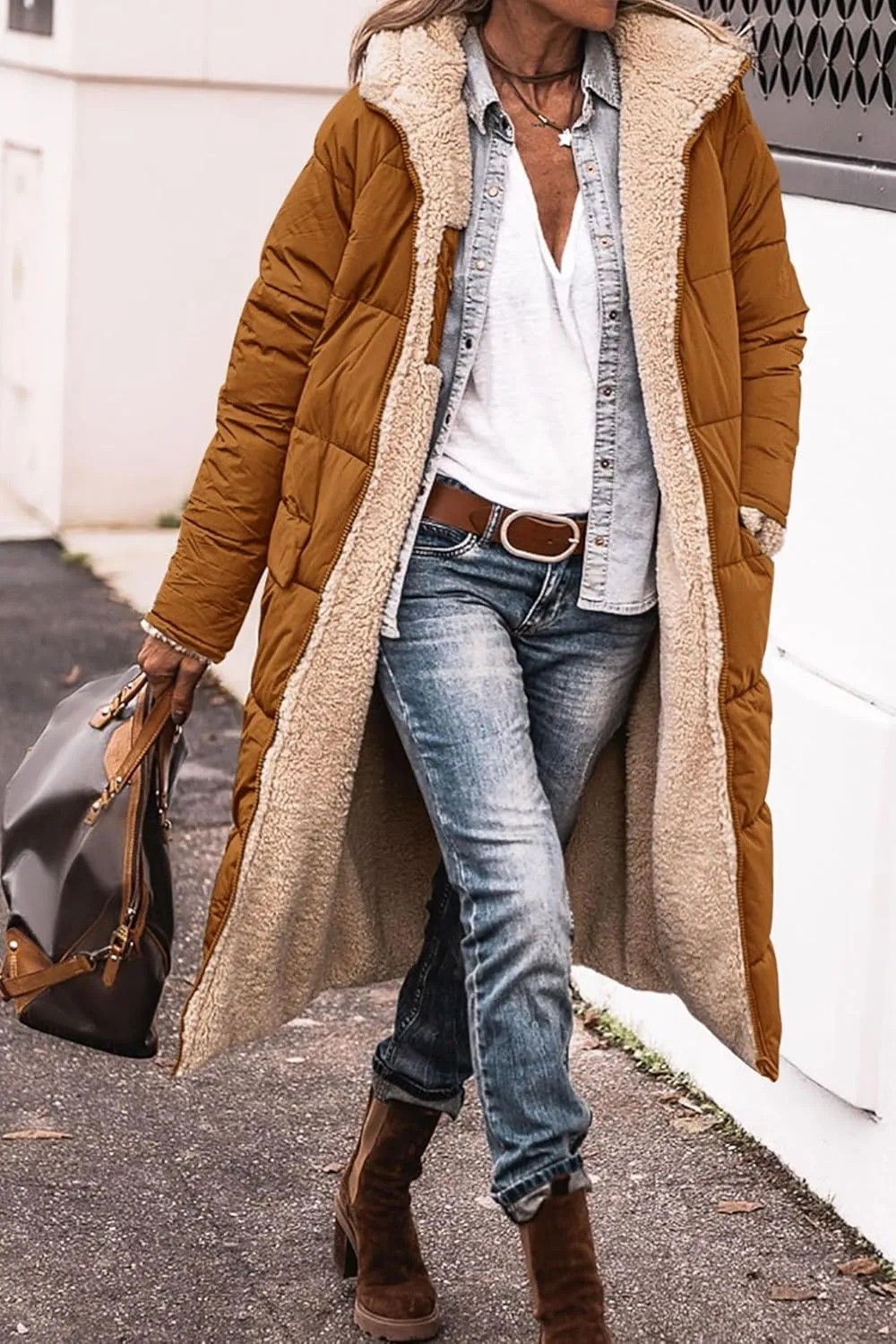Womens Long Puffer Jackets Zip Up Hoodie Quilted Jacket Winter Warm Down Jacket Sherpa Fleece Lined Reversible Coat