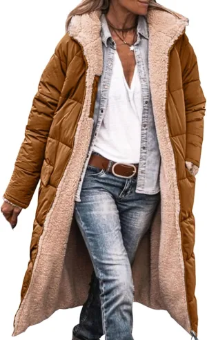 Womens Long Puffer Jackets Zip Up Hoodie Quilted Jacket Winter Warm Down Jacket Sherpa Fleece Lined Reversible Coat