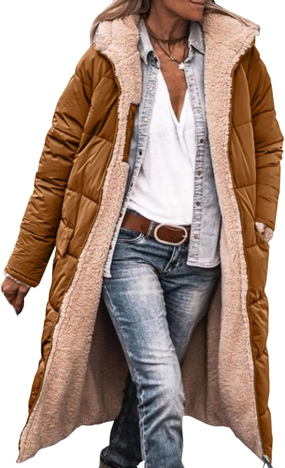 Womens Long Puffer Jackets Zip Up Hoodie Quilted Jacket Winter Warm Down Jacket Sherpa Fleece Lined Reversible Coat