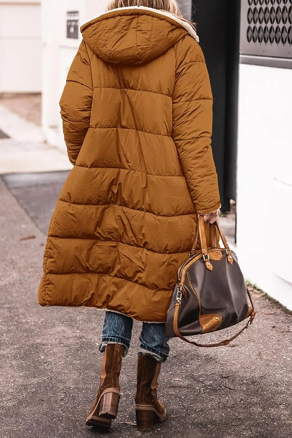 Womens Long Puffer Jackets Zip Up Hoodie Quilted Jacket Winter Warm Down Jacket Sherpa Fleece Lined Reversible Coat