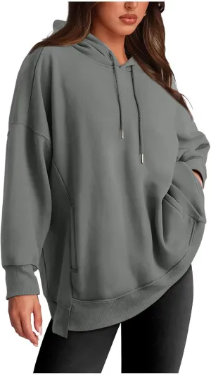 Womens Long Sleeve Tops Drawstring Pullover Tops Fall Lightweight Hoodies Loose Fit Business Casual Clothes Fall