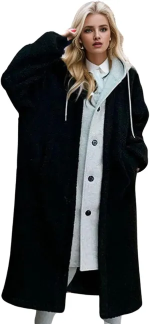 Women's Long Wool Coats Long Sleeve Oversized Hoodie Jacket Pockets Drawstring Winter Warm Trench Casual Outerwear