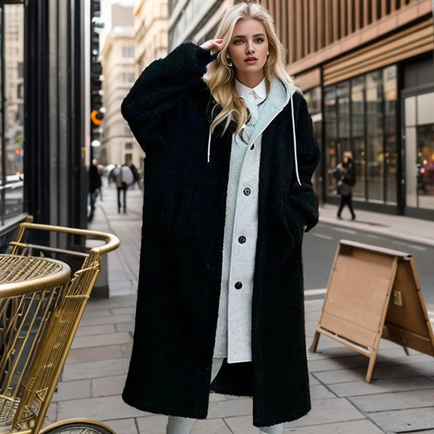 Women's Long Wool Coats Long Sleeve Oversized Hoodie Jacket Pockets Drawstring Winter Warm Trench Casual Outerwear