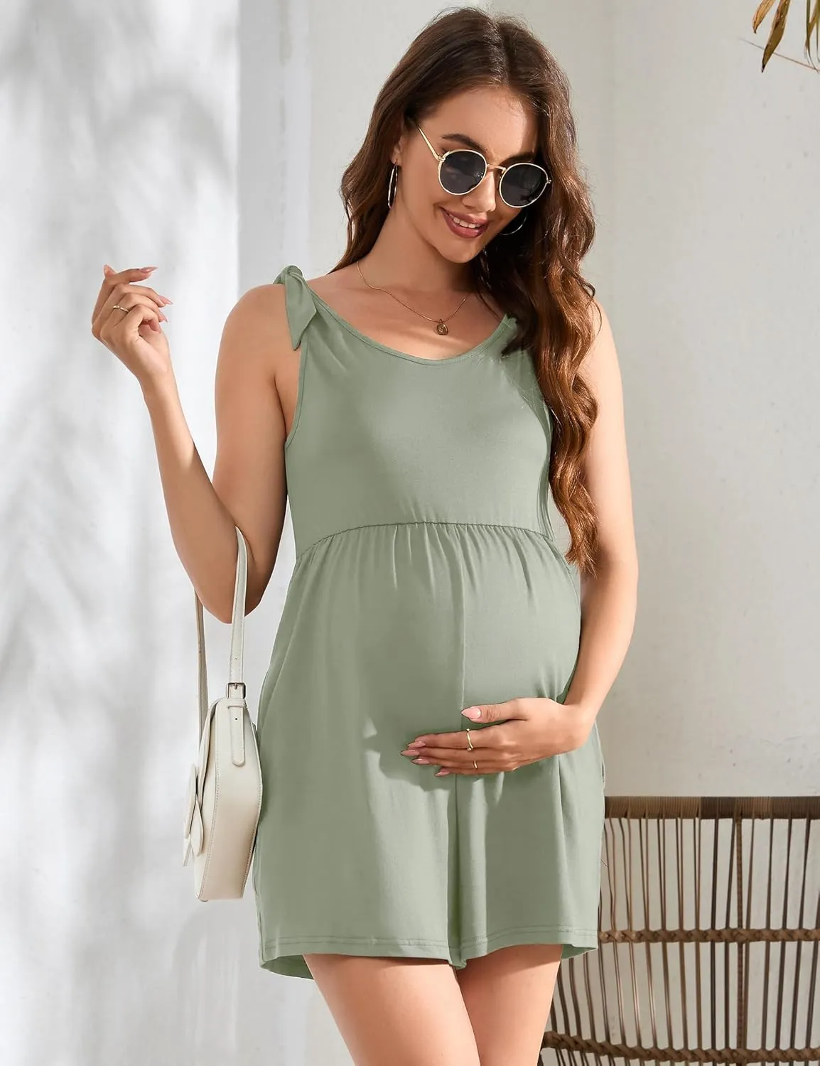 Women's Maternity Sleeveless Rompers Summer Casual Scoop Neck Tank Jumpsuits Shorts Overall with Pockets