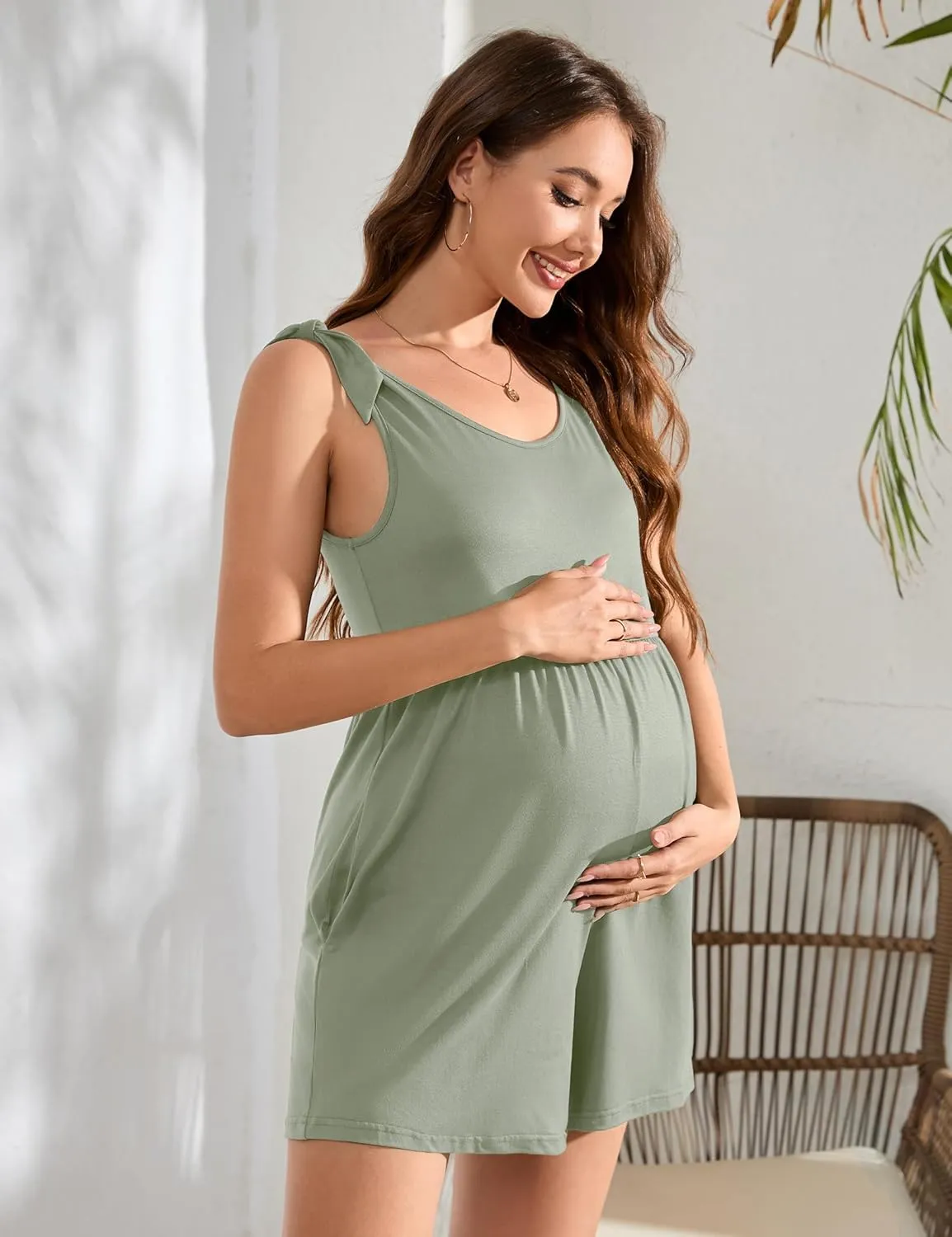 Women's Maternity Sleeveless Rompers Summer Casual Scoop Neck Tank Jumpsuits Shorts Overall with Pockets