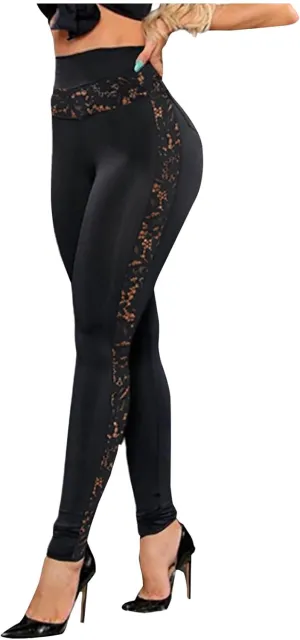 Women's Mesh Panel Side Sheer Lace High Waist Leggings Skinny Workout Yoga Pants with Pockets Athletic Activewear