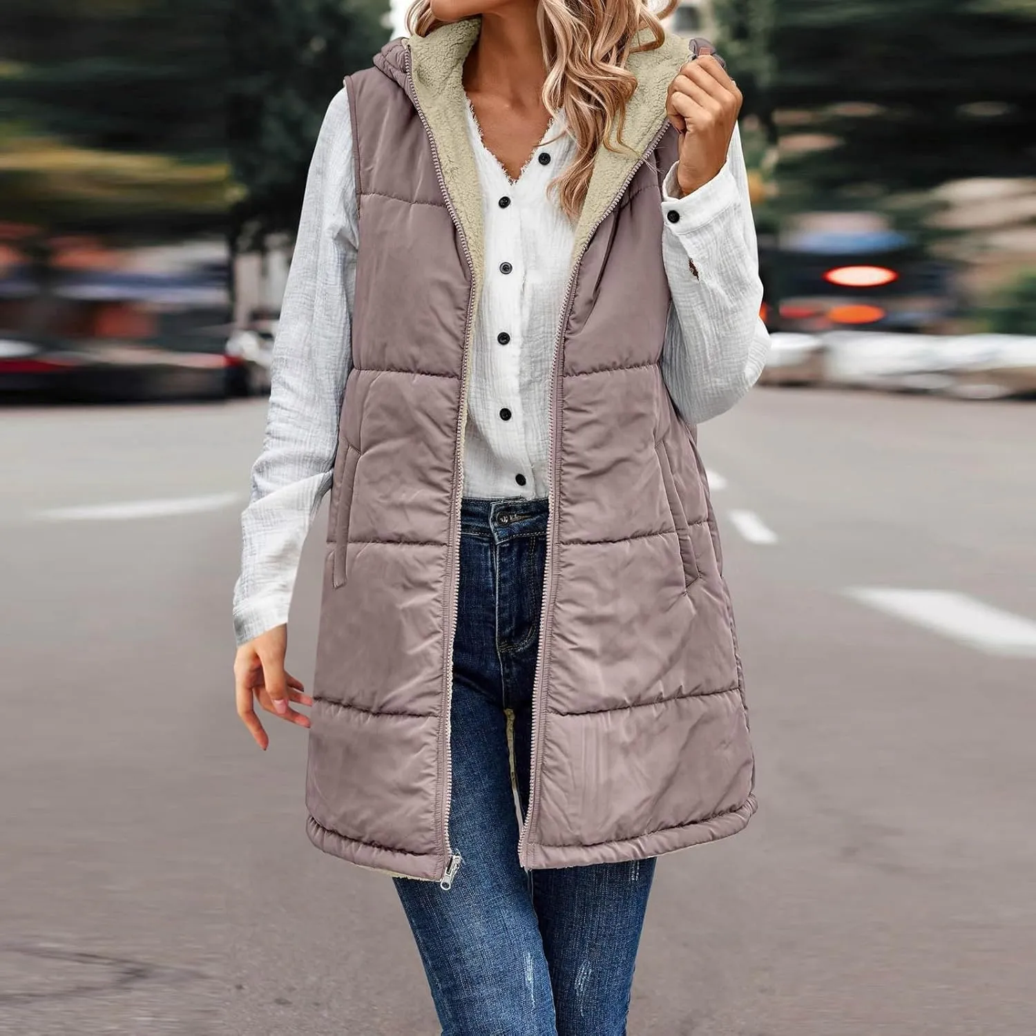 Womens Mid Length Puffer Jacket Vest Fashion Reversible Fleece Gilet Casual Simple Zip Up Sleeveless Tanks with Hood