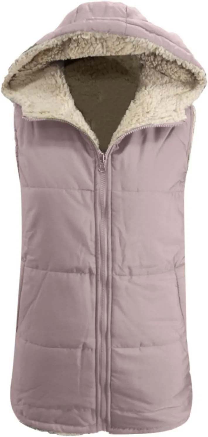 Womens Mid Length Puffer Jacket Vest Fashion Reversible Fleece Gilet Casual Simple Zip Up Sleeveless Tanks with Hood