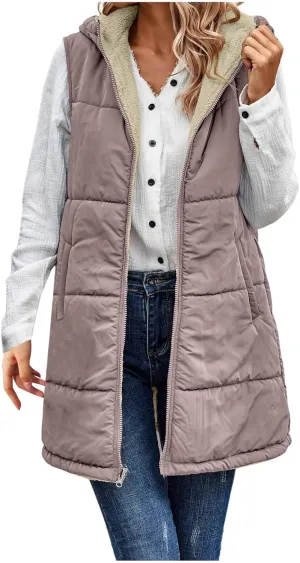 Womens Mid Length Puffer Jacket Vest Fashion Reversible Fleece Gilet Casual Simple Zip Up Sleeveless Tanks with Hood