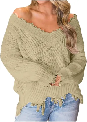 Womens Off The Shoulder V Neck Sweaters Cropped Casual Loose Chunky Knit Sweater Winter Spring Trendy Jumper Tops