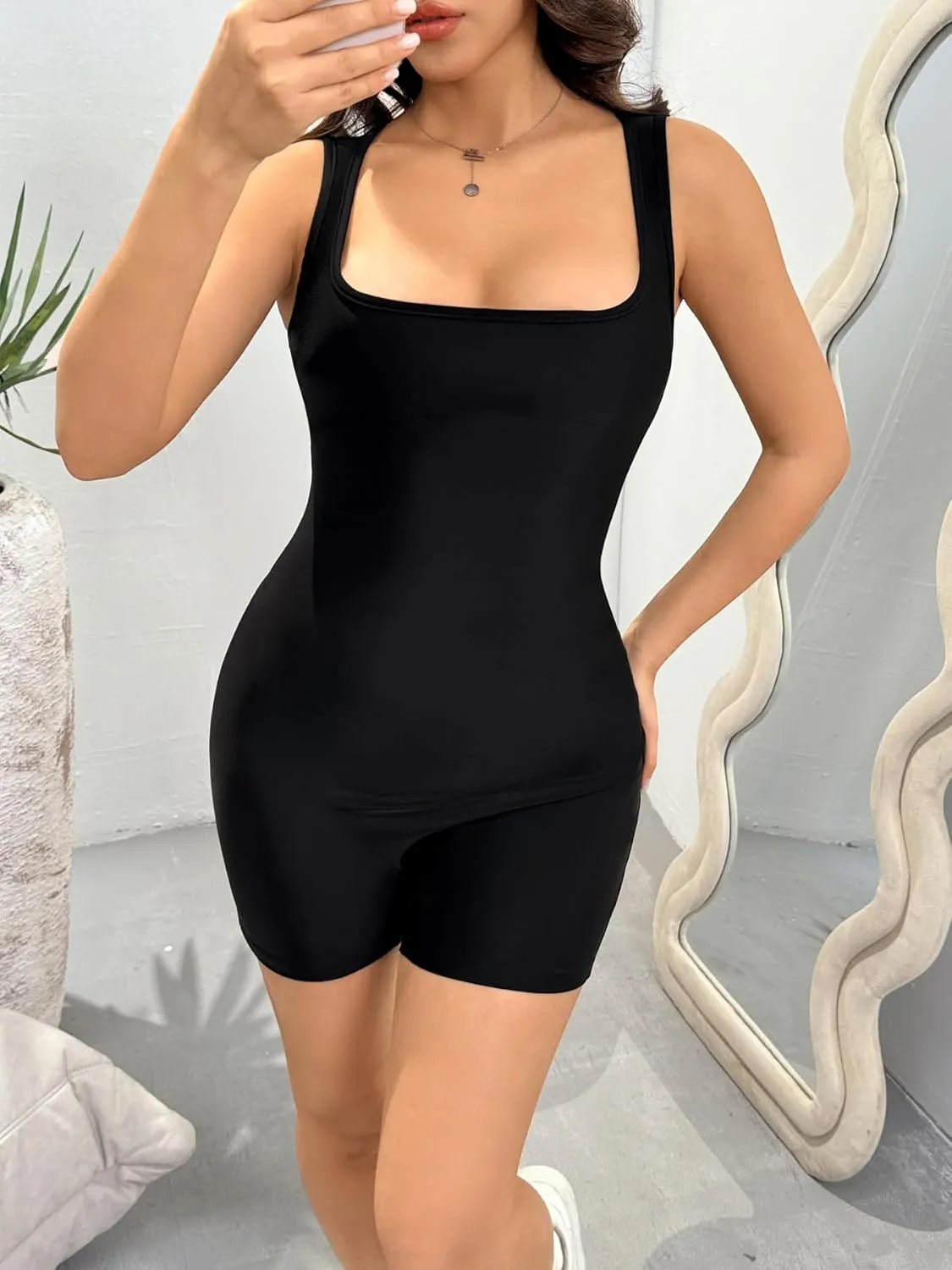 Women's One Piece Jumpsuits Short Sexy Bodysuit Sleeveless Square Neck Backless Workout Rompers Summer 2025