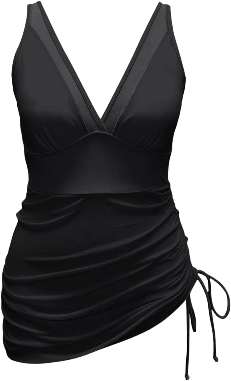 Womens One Piece Swim Dress Tummy Control Swimsuits Slimming Mesh Sheer Sarong Wraps Sexy Bathing Suits 2025