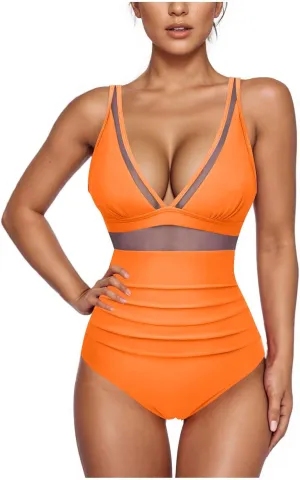 Womens One Piece Swimsuit Tummy Control Swim Dress Modest Bathing Suit Mesh Wraps Swim Suits 2025 Fashion