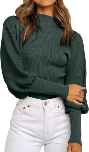 Women's Oversized Pullover 2023 Fall Sweaters Turtleneck Collar Solid Oversized Ribbed Knit Pullover Sweater (Green, XL)