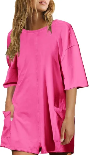 Womens Oversized Shorts Romper Short Sleeve Crewneck Workout Tee Jumpsuits with Pockets