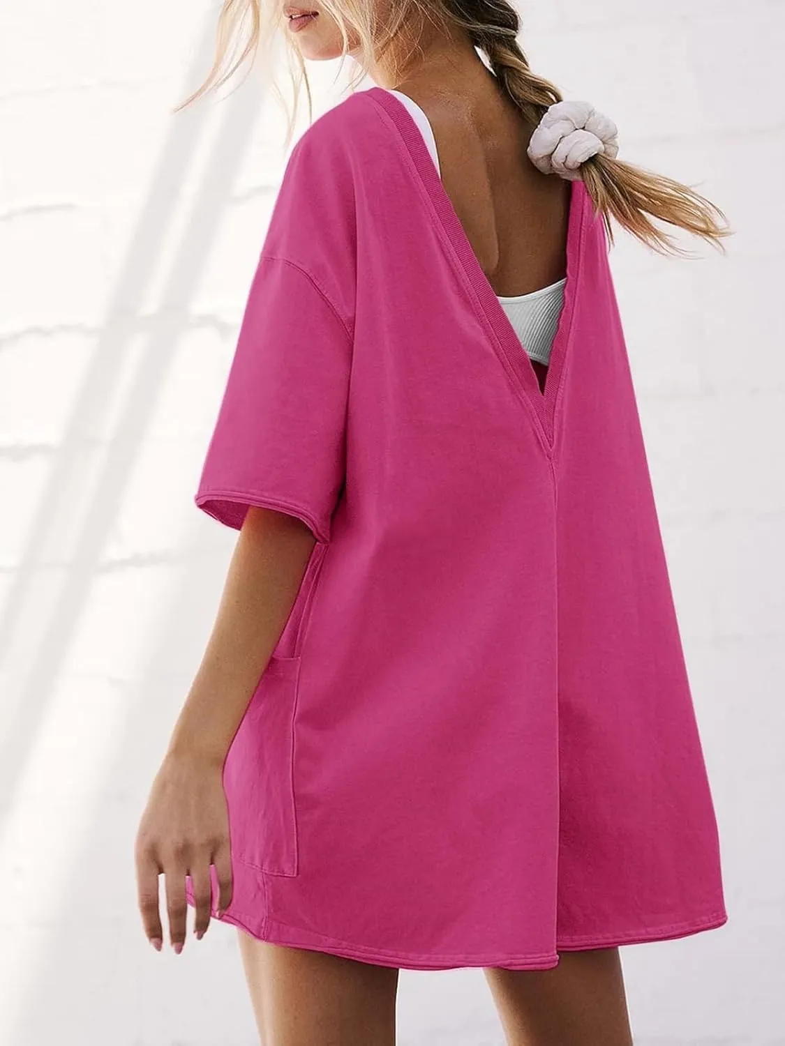 Womens Oversized Shorts Romper Short Sleeve Crewneck Workout Tee Jumpsuits with Pockets