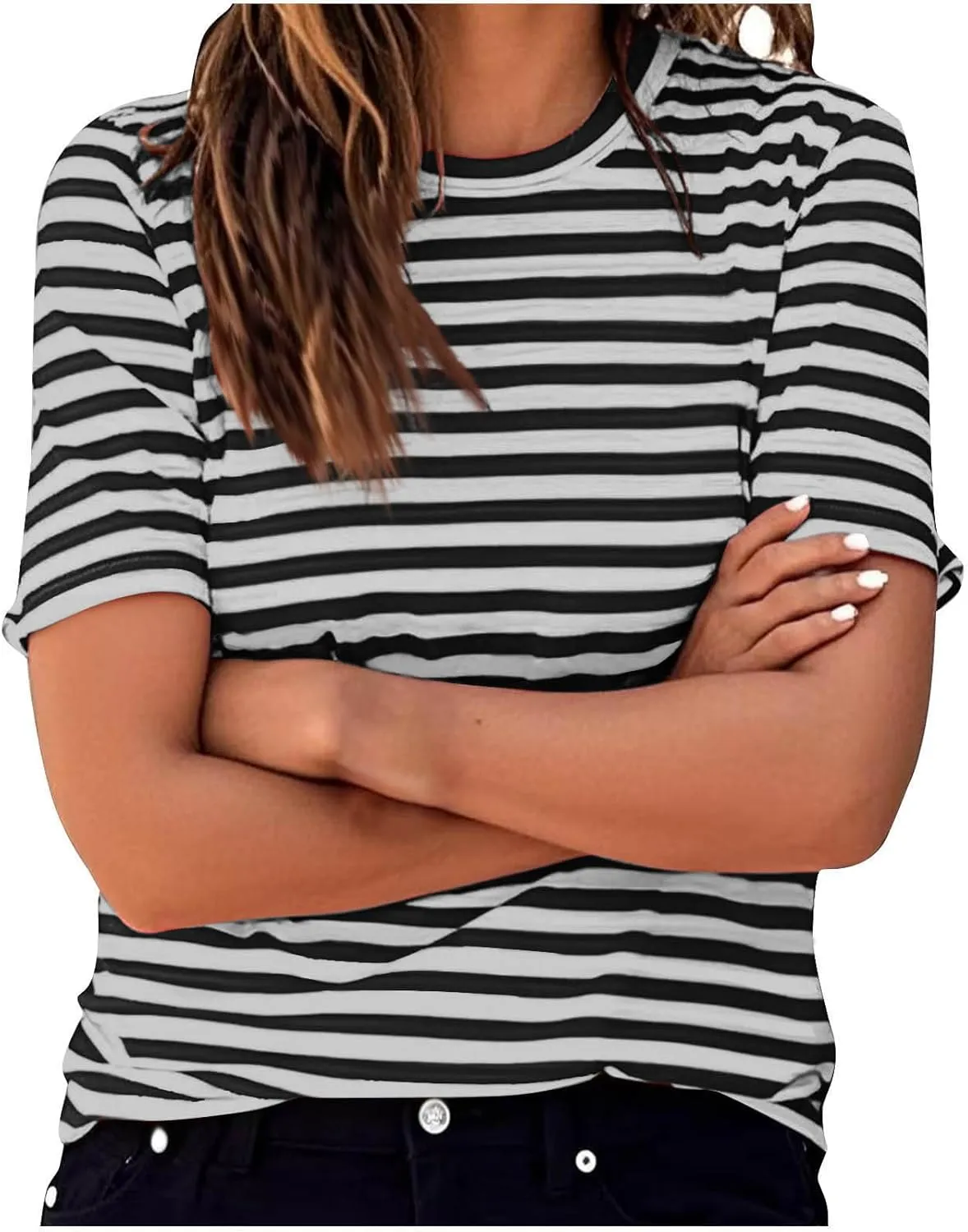 Women's Oversized T Shirts Short Puff Sleeve Striped Crewneck Summer Tops Casual Loose Basic Tee Shirts 2025 Trendy Clothes