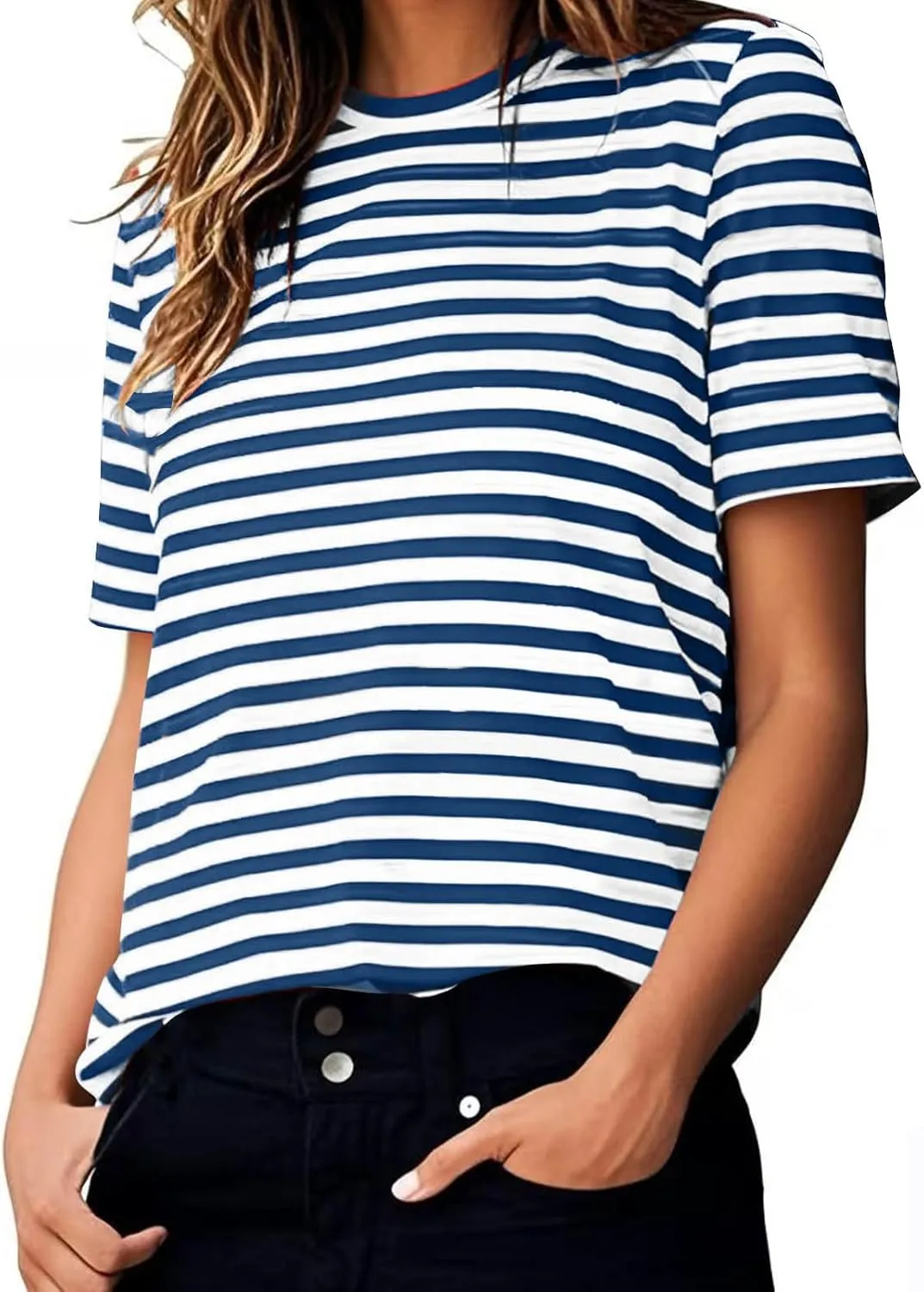 Women's Oversized T Shirts Short Puff Sleeve Striped Crewneck Summer Tops Casual Loose Basic Tee Shirts 2025 Trendy Clothes