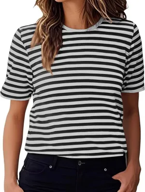 Women's Oversized T Shirts Short Puff Sleeve Striped Crewneck Summer Tops Casual Loose Basic Tee Shirts 2025 Trendy Clothes