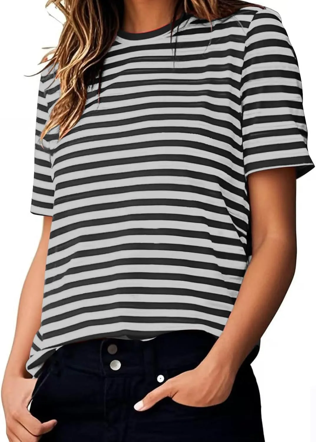 Women's Oversized T Shirts Short Puff Sleeve Striped Crewneck Summer Tops Casual Loose Basic Tee Shirts 2025 Trendy Clothes