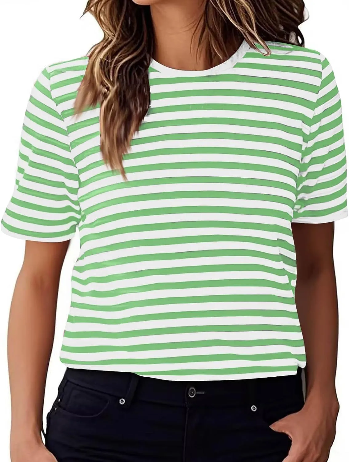 Women's Oversized T Shirts Short Puff Sleeve Striped Crewneck Summer Tops Casual Loose Basic Tee Shirts 2025 Trendy Clothes