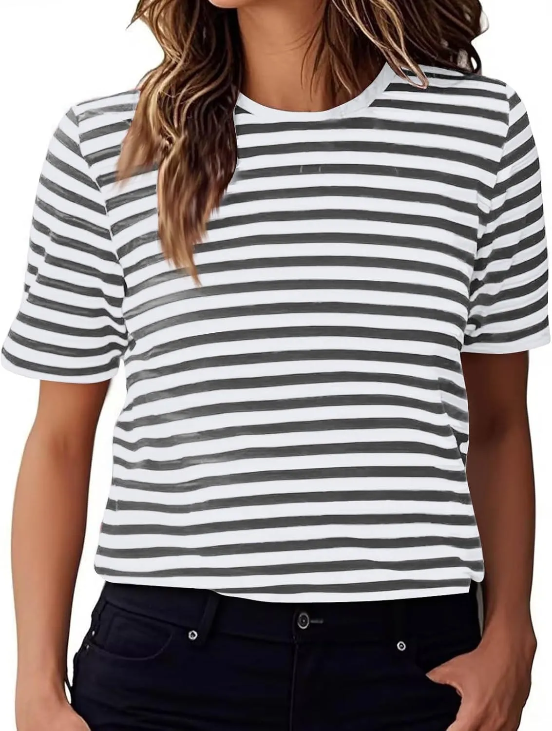Women's Oversized T Shirts Short Puff Sleeve Striped Crewneck Summer Tops Casual Loose Basic Tee Shirts 2025 Trendy Clothes