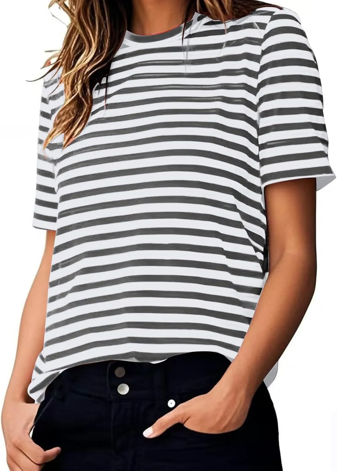 Women's Oversized T Shirts Short Puff Sleeve Striped Crewneck Summer Tops Casual Loose Basic Tee Shirts 2025 Trendy Clothes