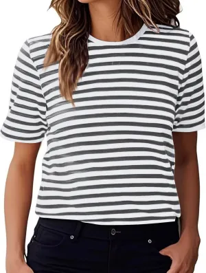 Women's Oversized T Shirts Short Puff Sleeve Striped Crewneck Summer Tops Casual Loose Basic Tee Shirts 2025 Trendy Clothes