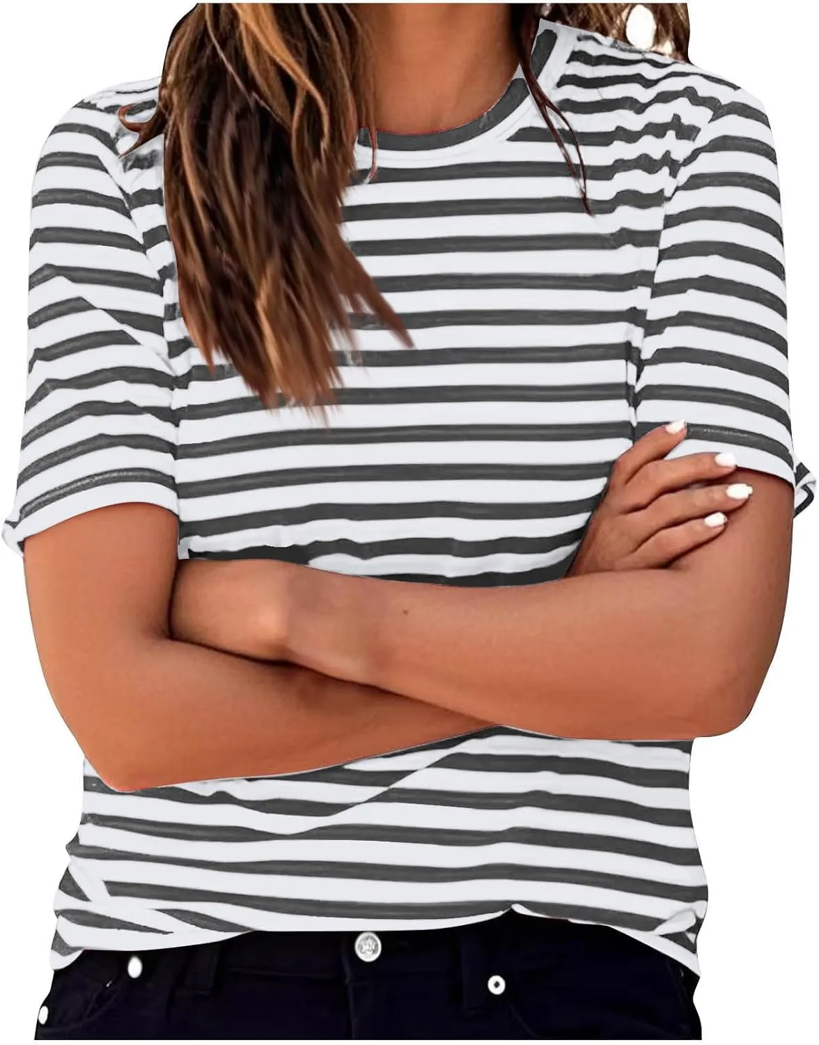 Women's Oversized T Shirts Short Puff Sleeve Striped Crewneck Summer Tops Casual Loose Basic Tee Shirts 2025 Trendy Clothes