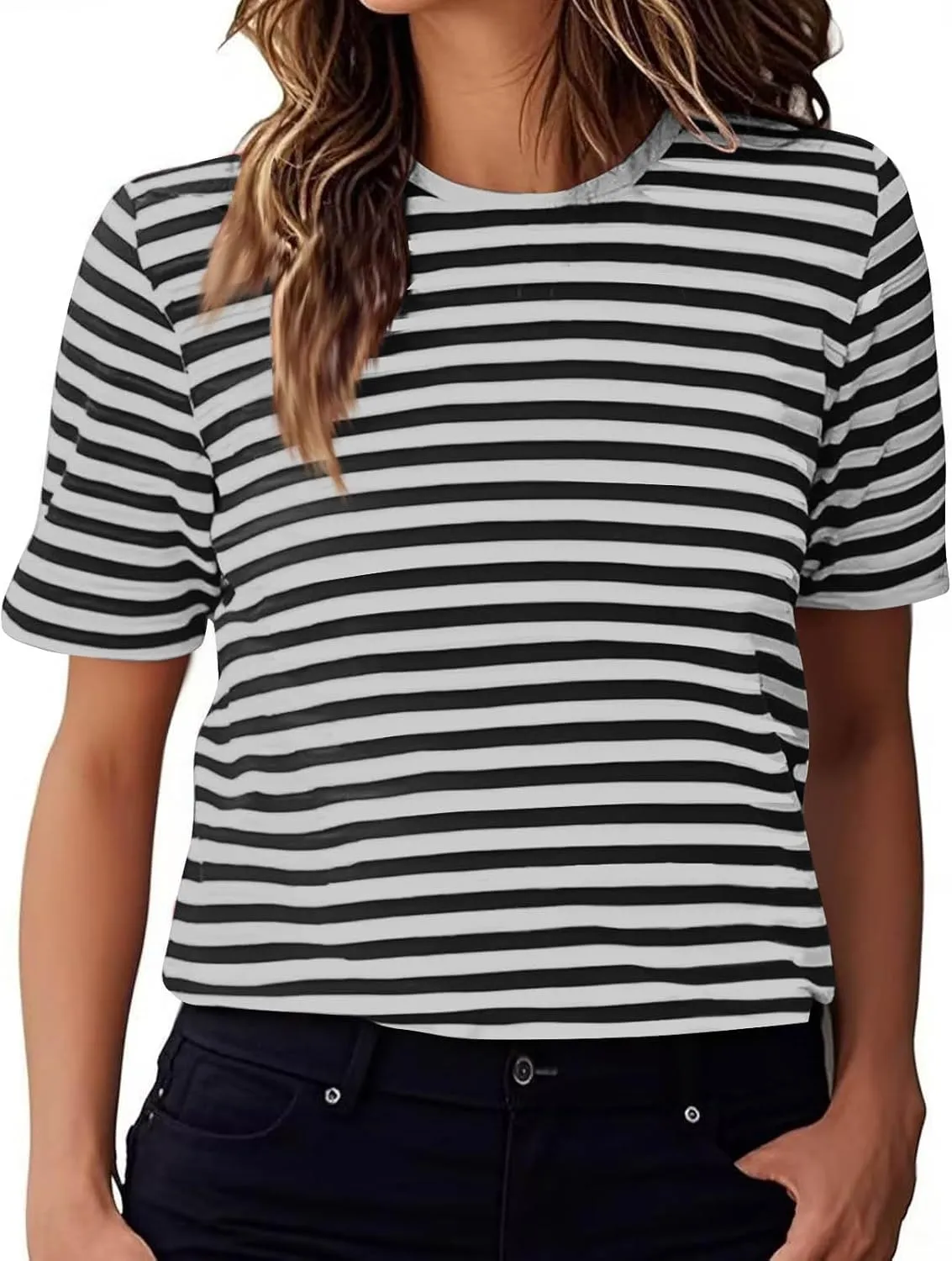 Women's Oversized T Shirts Short Puff Sleeve Striped Crewneck Summer Tops Casual Loose Basic Tee Shirts 2025 Trendy Clothes