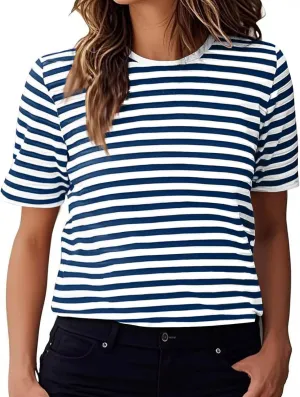 Women's Oversized T Shirts Short Puff Sleeve Striped Crewneck Summer Tops Casual Loose Basic Tee Shirts 2025 Trendy Clothes