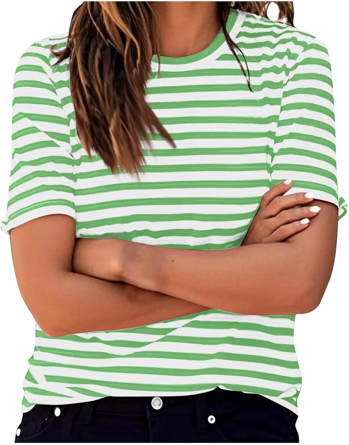 Women's Oversized T Shirts Short Puff Sleeve Striped Crewneck Summer Tops Casual Loose Basic Tee Shirts 2025 Trendy Clothes